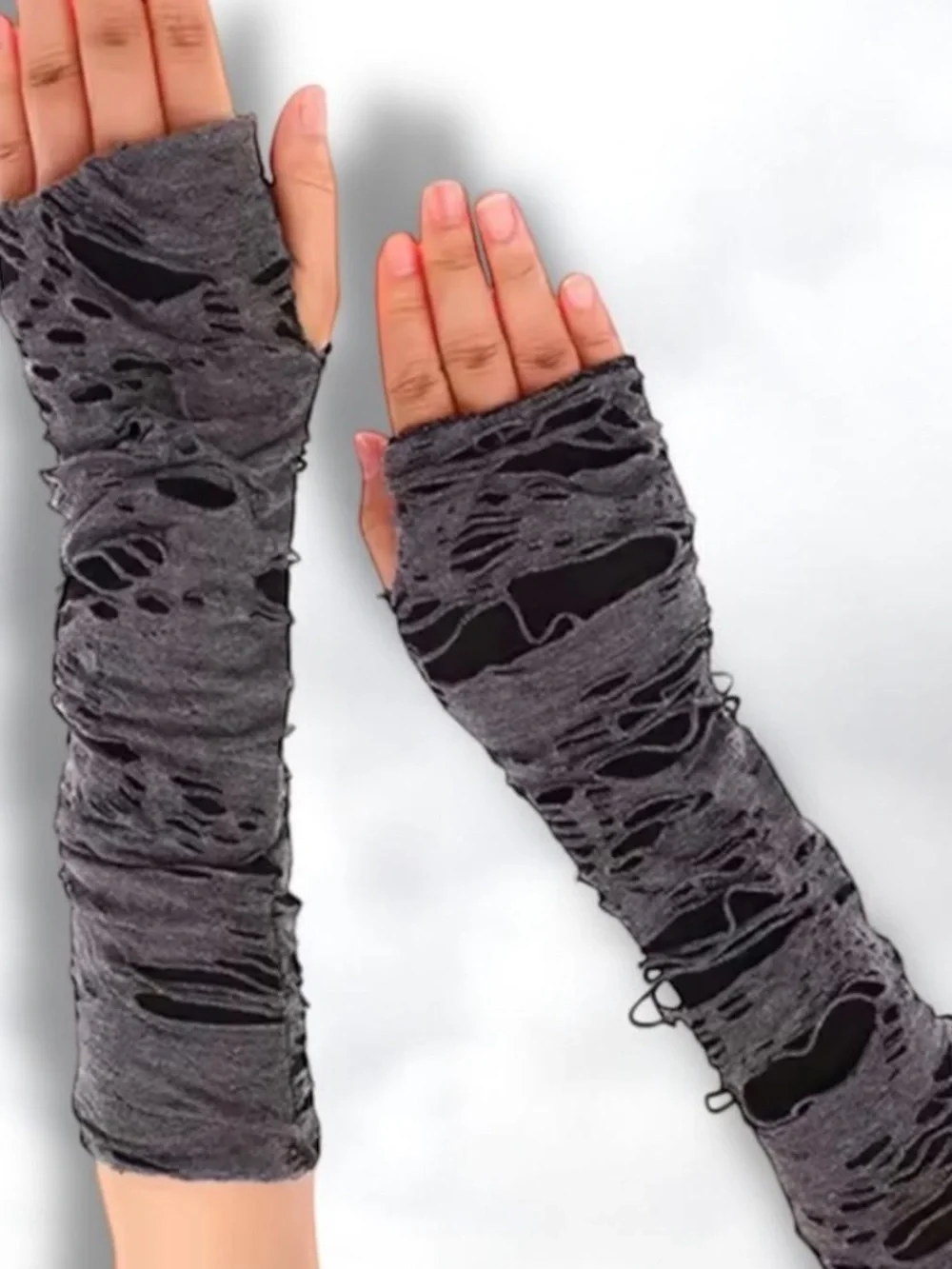 Ripped Long Mummy Gloves Gray Shredded Arm Warmers Zombie Gloves OS NWT